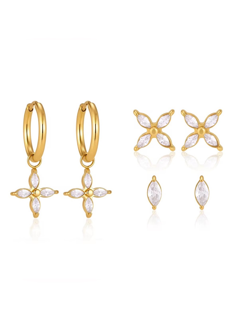 3 Pairs | 18K Gold Plated Flower Hoop and Stud Earring Set